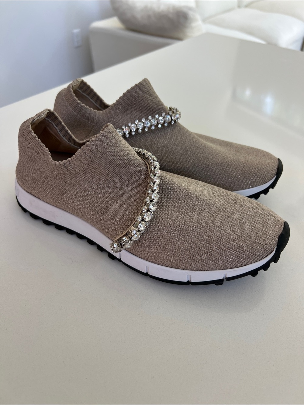 Jimmy Choo verona crystal embellished knit sneakers taupe tan sparkly 7.5